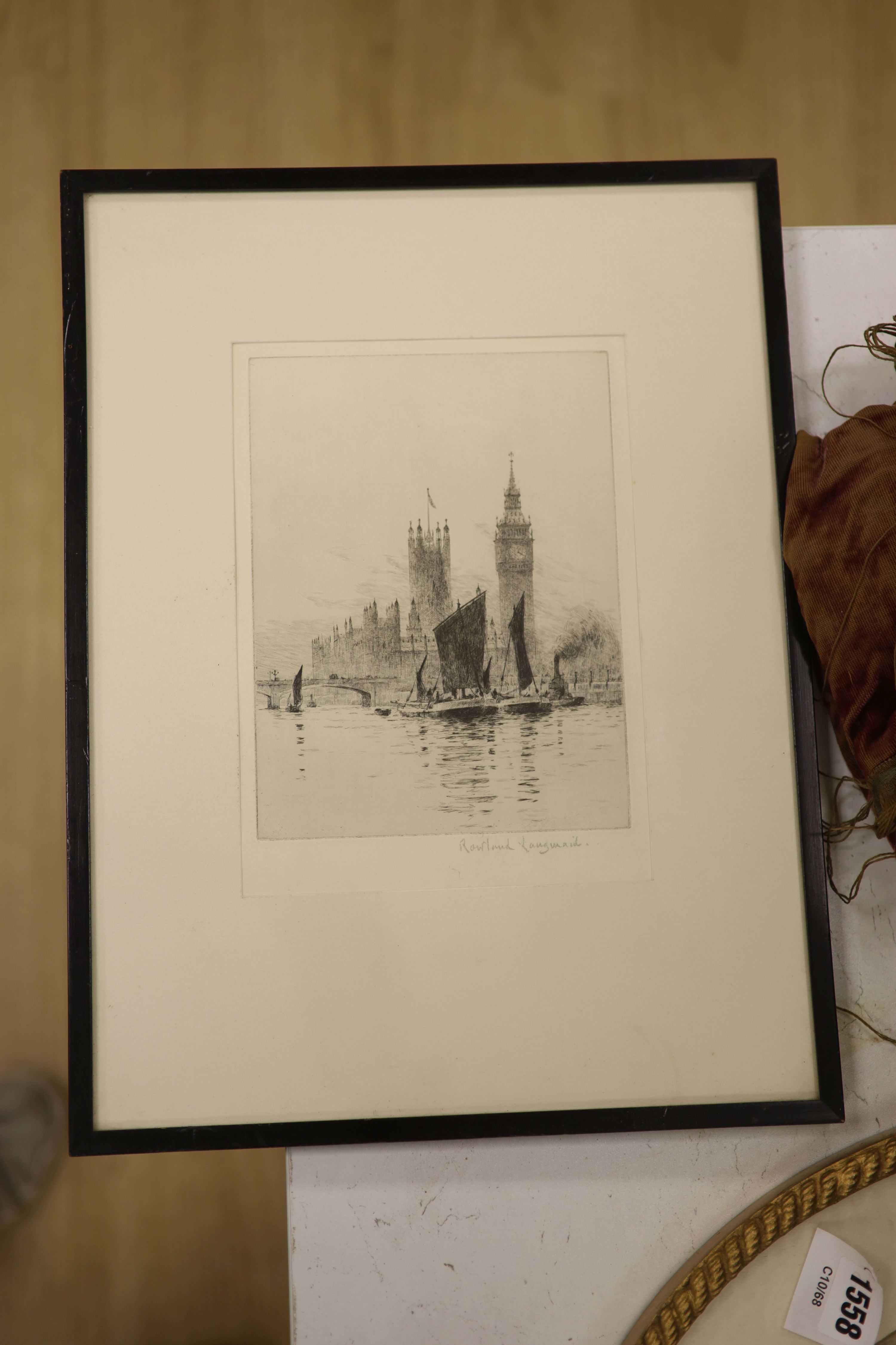 Rowland Langmaid (1897-1956), etching, Sail barges before The Houses of Parliament, signed in pencil, 20 x 15cm